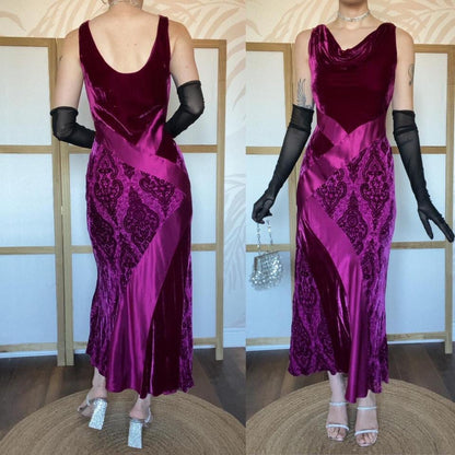 Silk blend dark pink velvet & satin slip dress UK 12-14