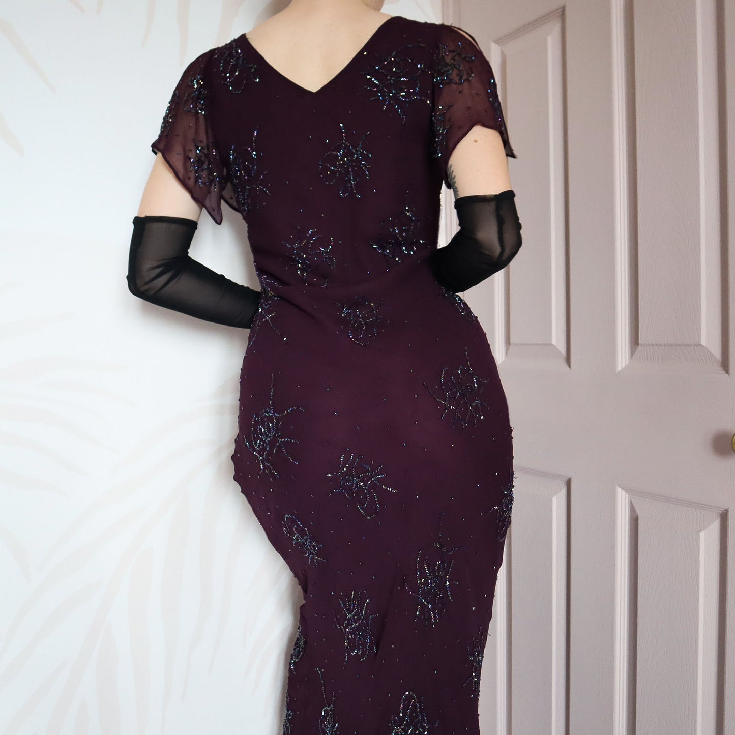 Purple beaded 100% silk evening gown UK 12