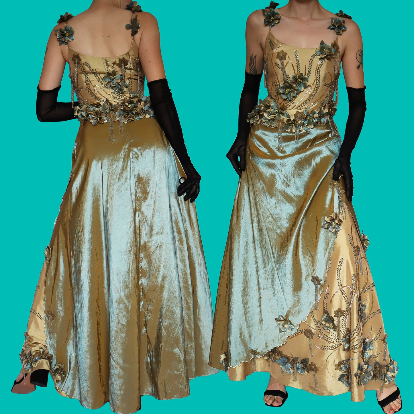 Golden tan 2 piece floral evening set UK 12