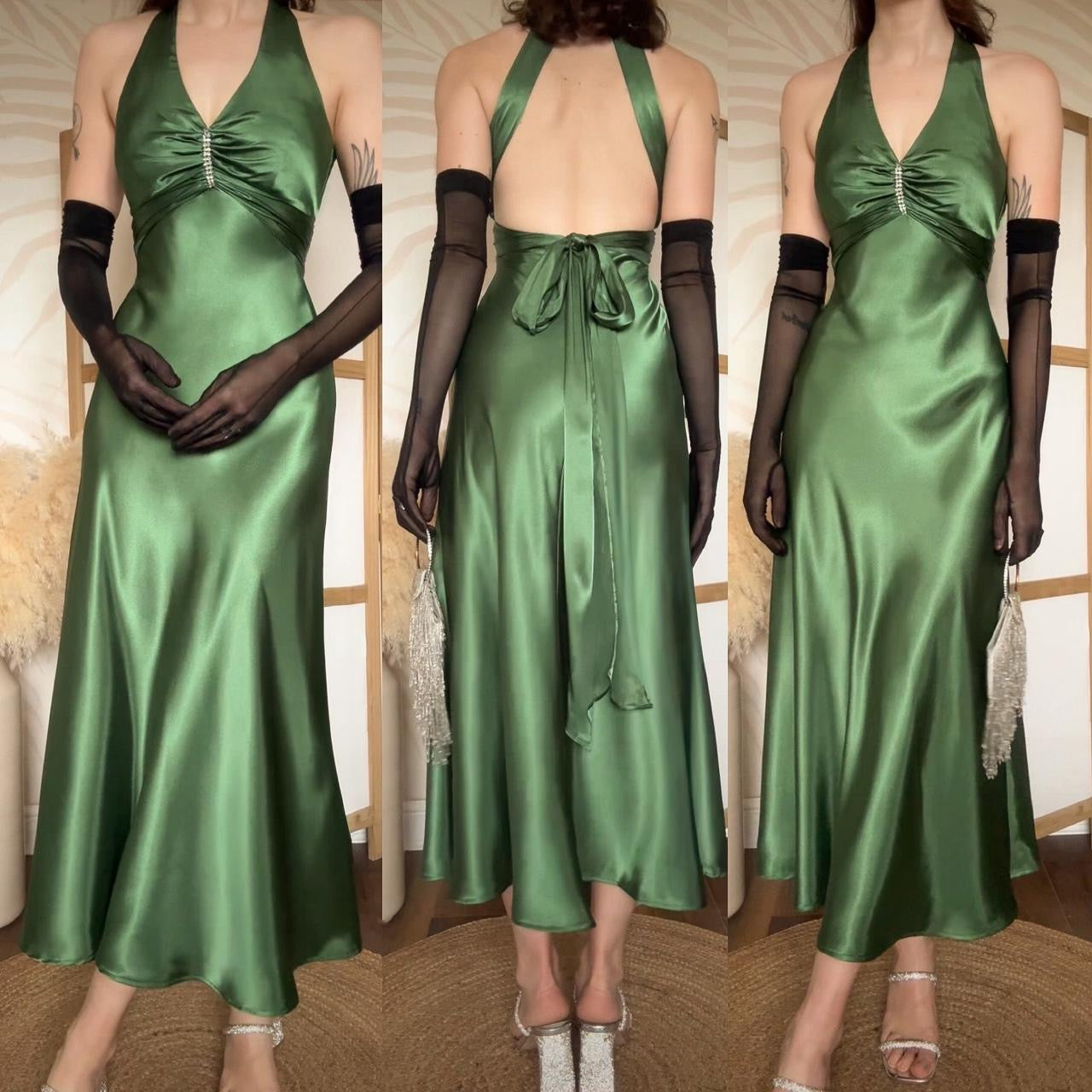 Green satin Niki Livas midi dress uk 8-10