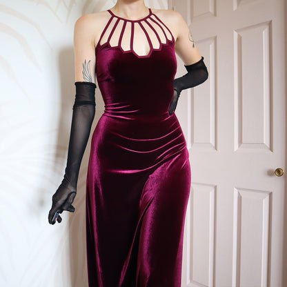 Gina Bacconi burgundy velvet stretch evening gown UK 14