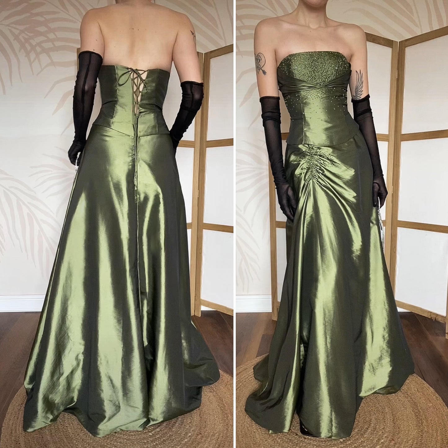 Green beaded Niki Livas strapless prom dress UK 12