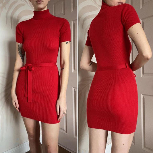 Images red high neck knit mini dress UK 8-10/S
