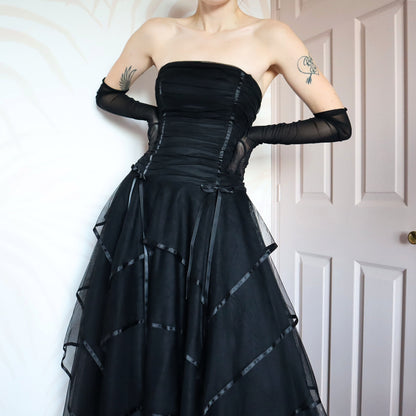 Black layered strapless evening gown UK 10