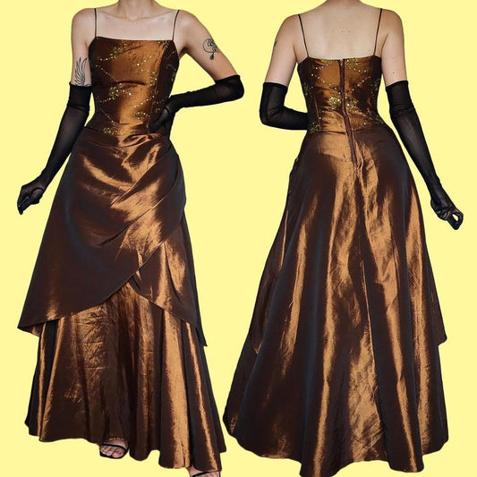 YVE London silky brown layered evening gown UK 12