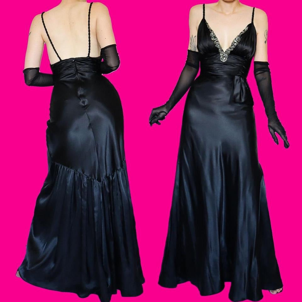 Dave & Johnny 90s Black Satin Evening Gown Prom Dress UK Size 8, 10 & 14