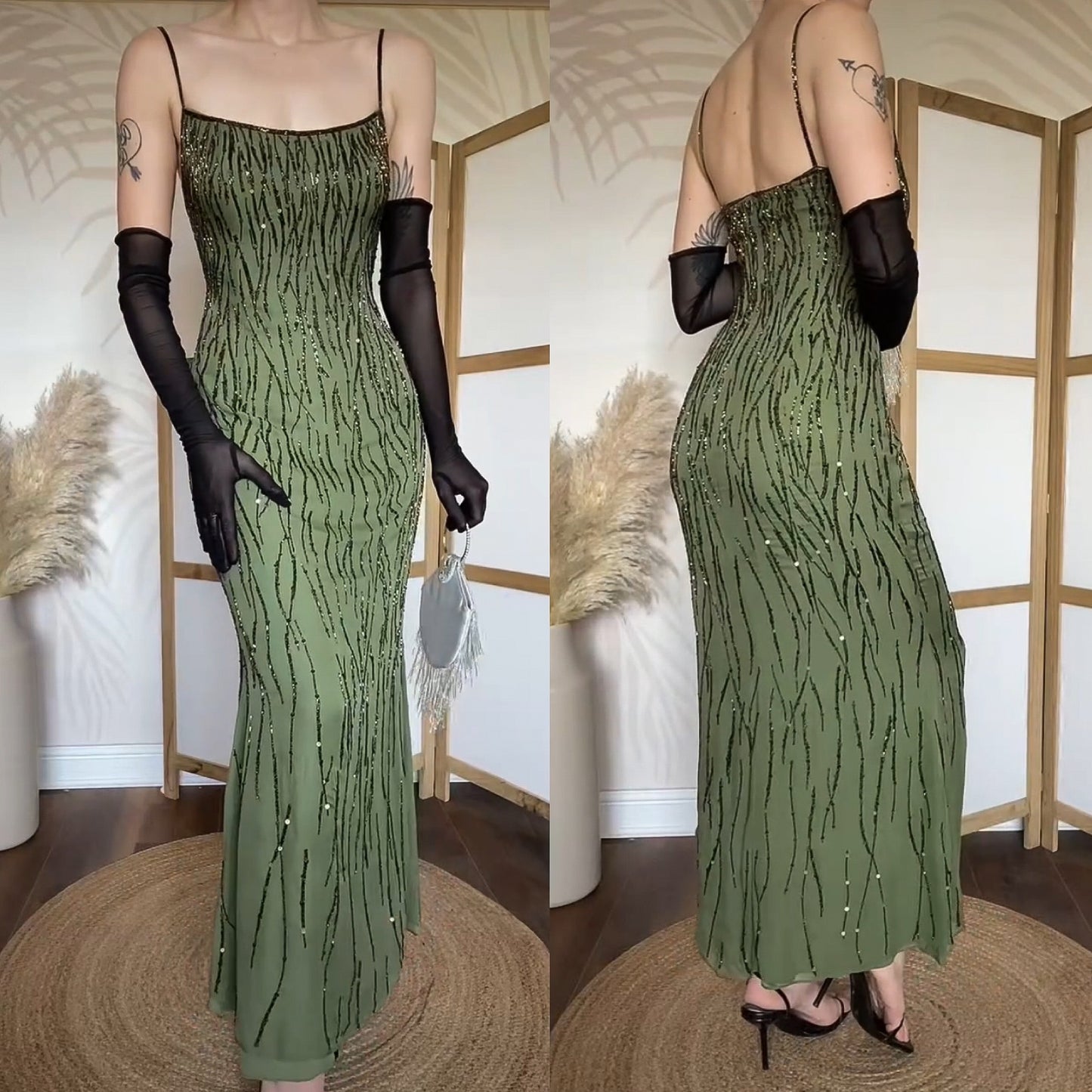 Green pure silk beaded evening dress uk 12