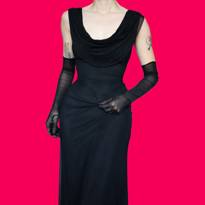 Tadashi black stretch sheer back evening dress UK 14