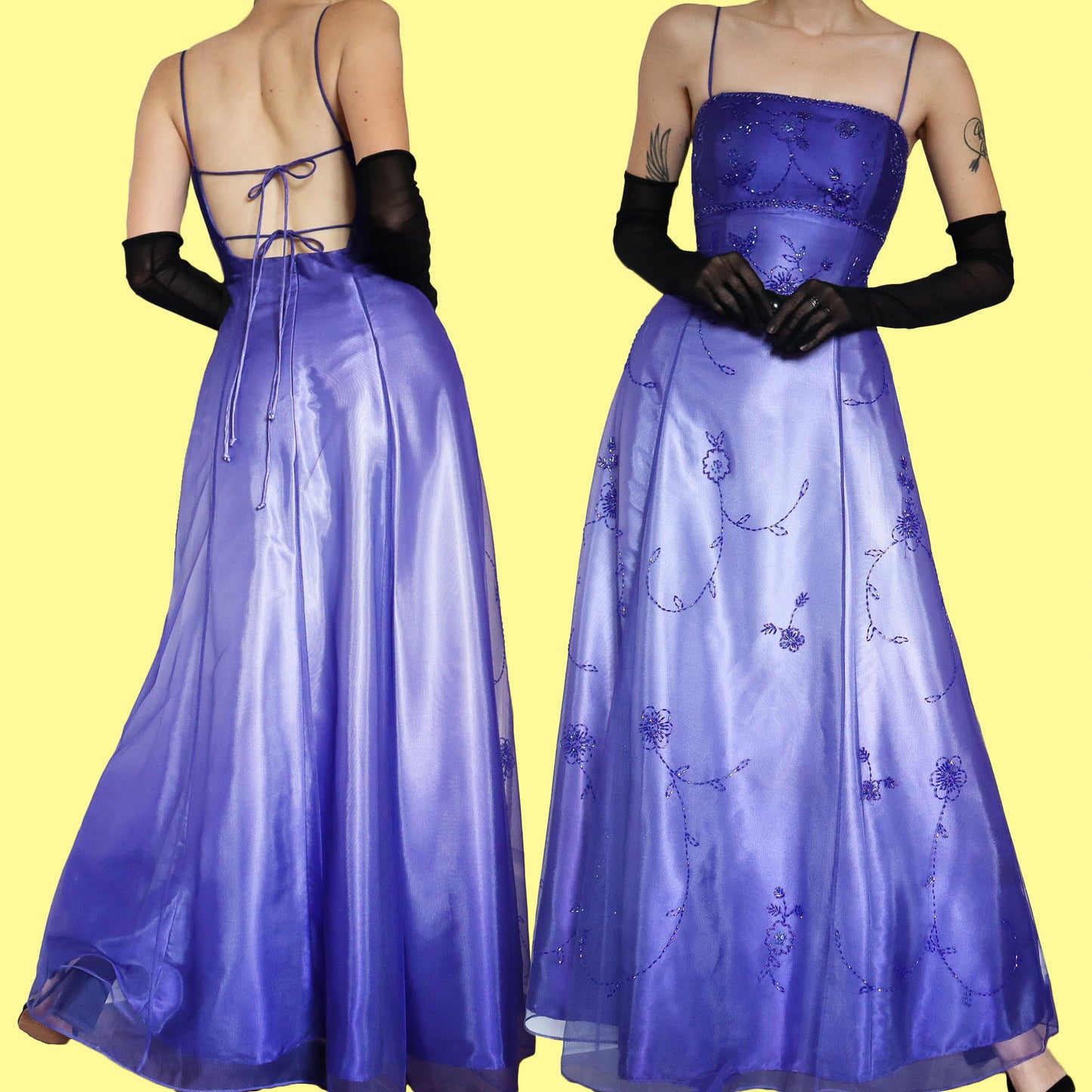 Purple satin beaded evening dress UK 12