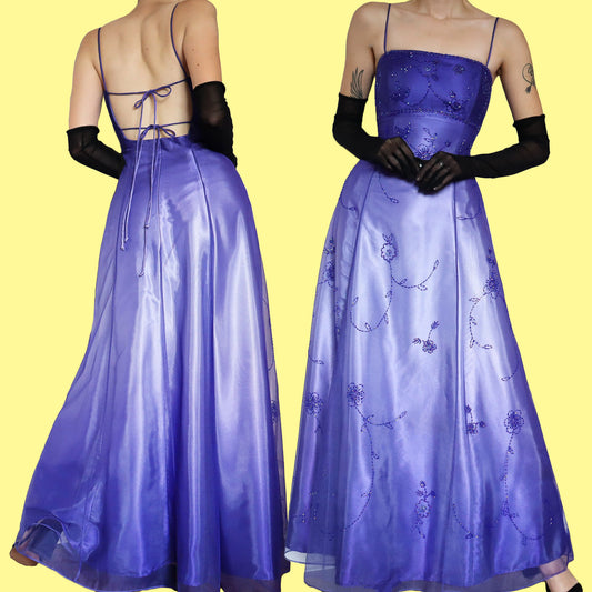 Purple satin beaded evening dress UK 12