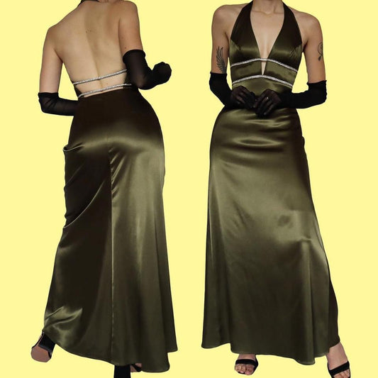 Khaki green satin diamanté evening gown UK 10