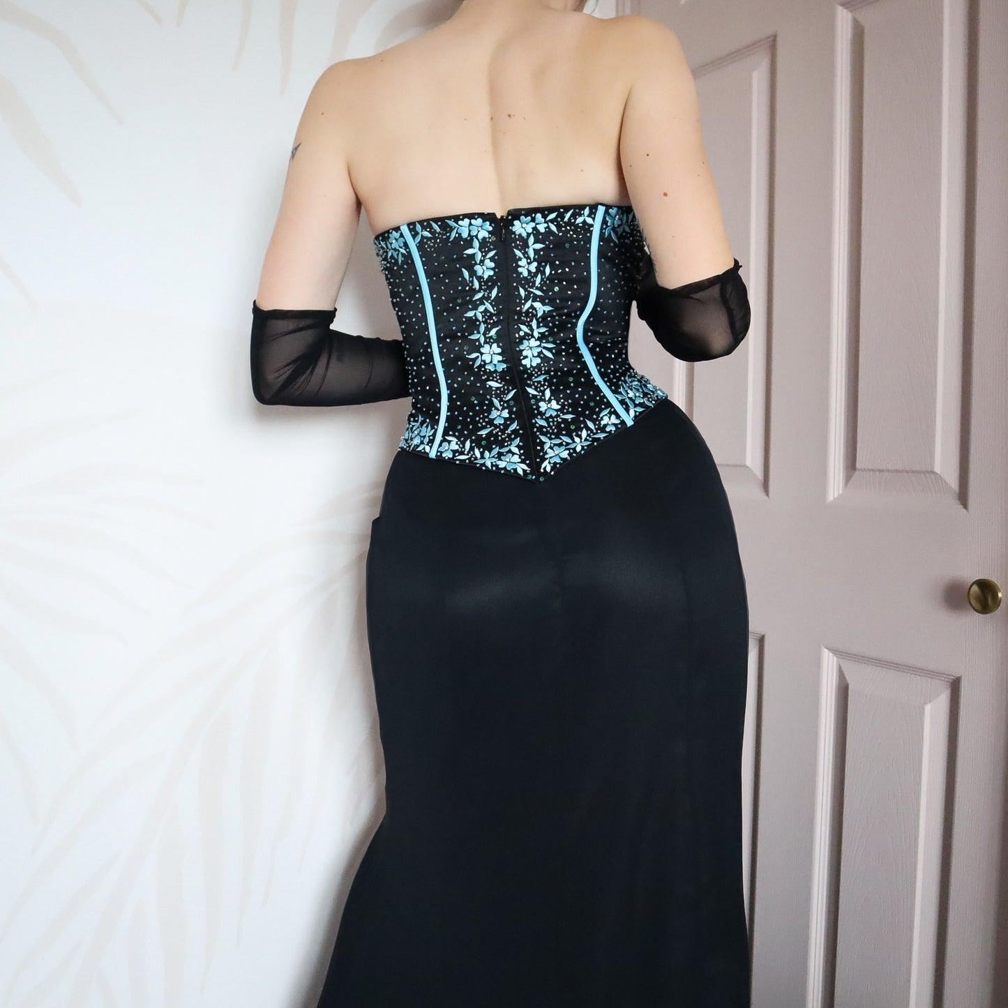 Black & blue corset silk evening gown UK 12