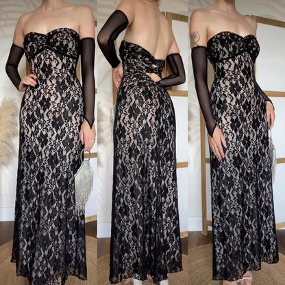 Black lace strapless stretchy evening dress uk 10