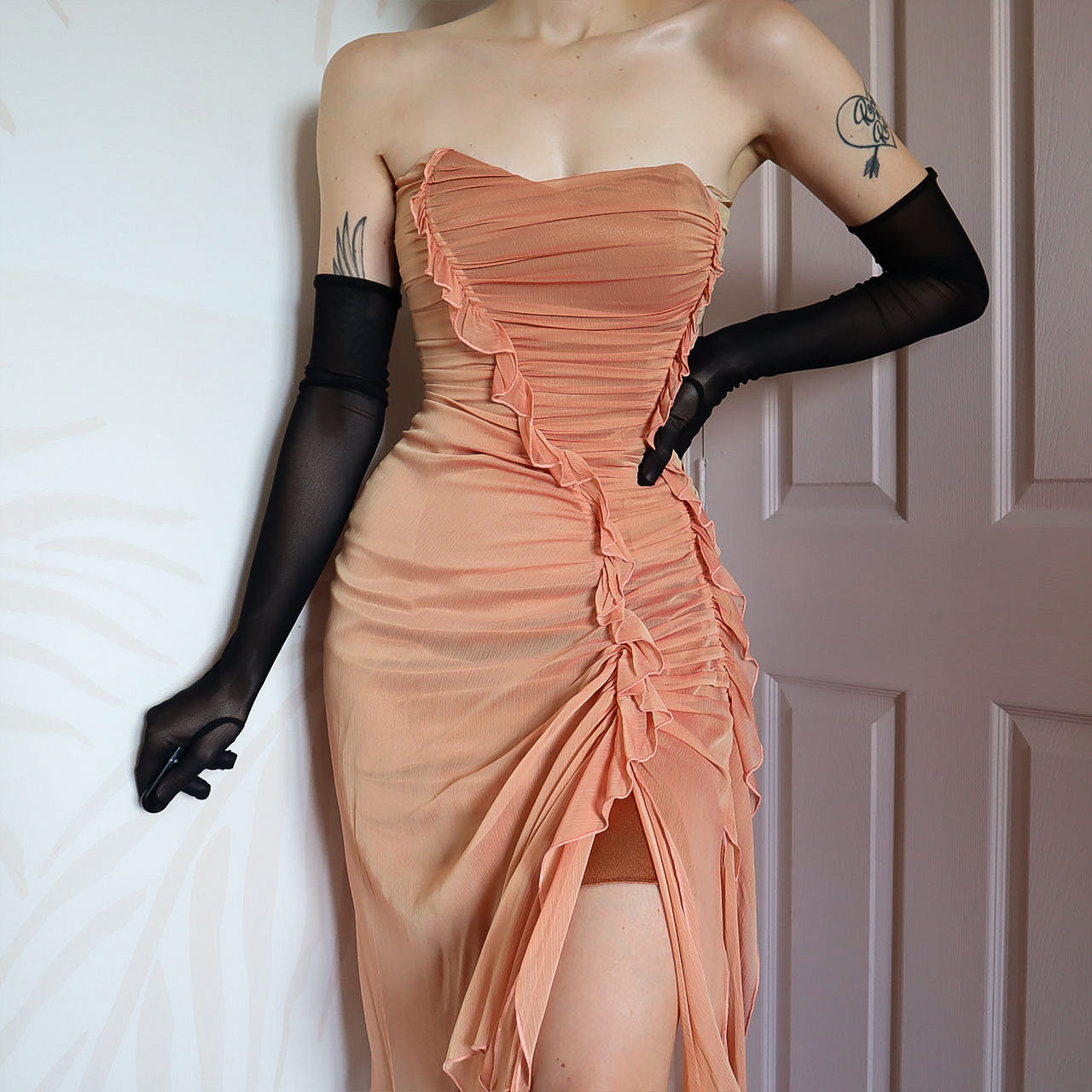 Peach Charas Strapless Lace Up Midi Dress UK 12