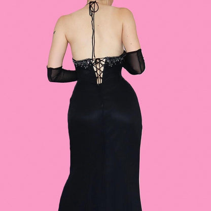 Black beaded halter neck evening dress UK 14