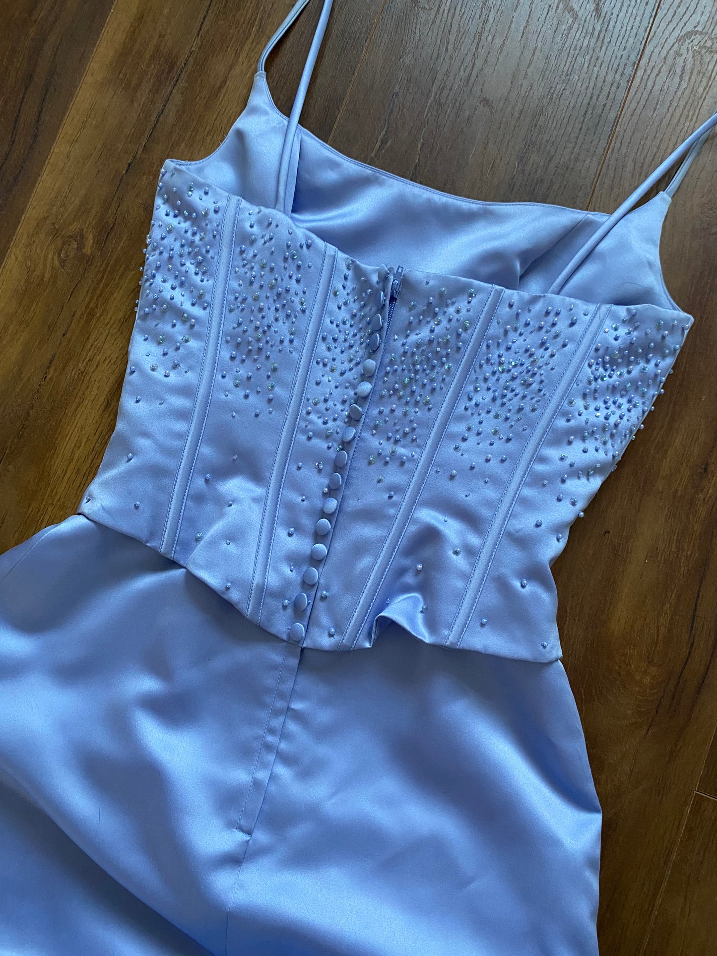 Hilary Morgan dusky blue evening dress & bag UK 10