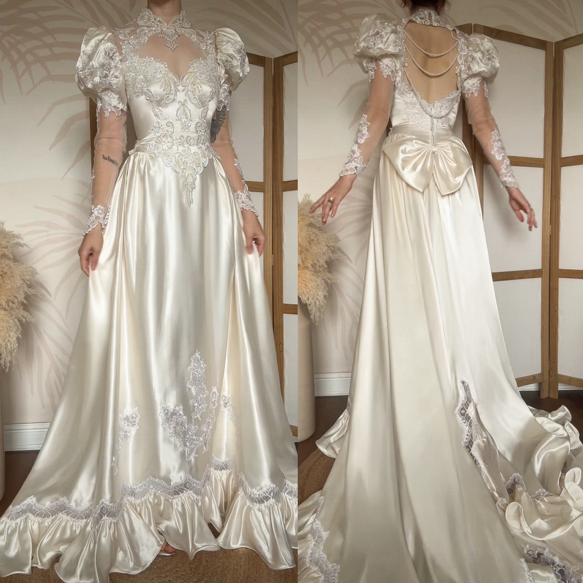Vintage ivory satin 80s wedding dress uk 8