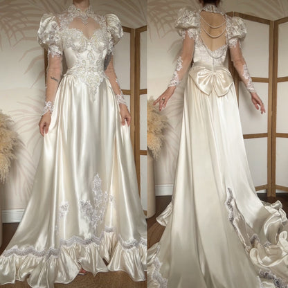 Vintage ivory satin 80s wedding dress uk 8