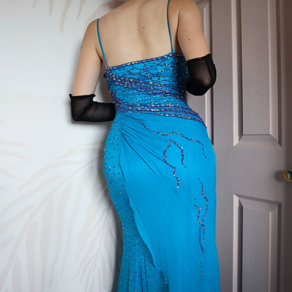 YVE London 100% silk blue beaded gown UK 12