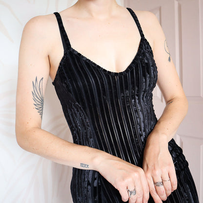 Shirley black velvet bodycon sheer maxi dress UK S