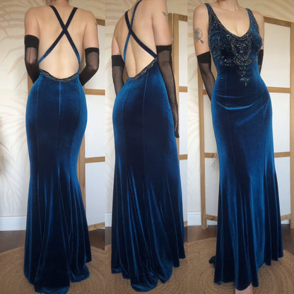 Niki Livas electric blue velvet evening dress uk 14