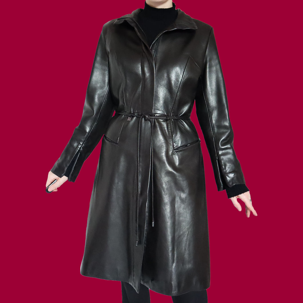 Black real leather long coat with belt UK 12