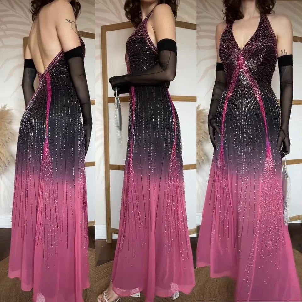 100% silk pink ombré halter neck evening dress uk 8