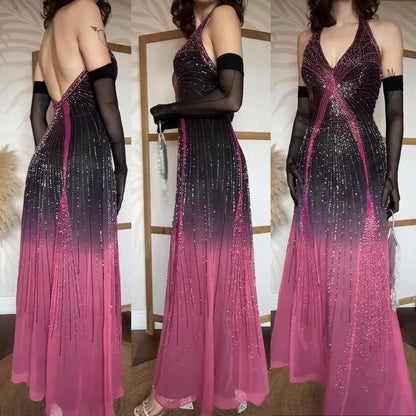 100% silk pink ombré halter neck evening dress uk 8