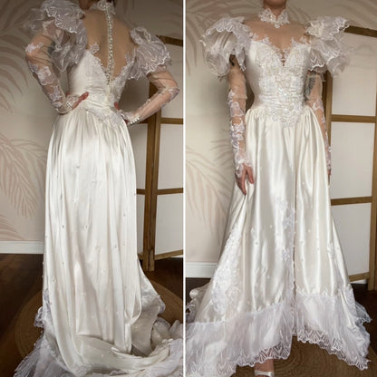 80s lace satin wedding dress with removable sleeves UK 10