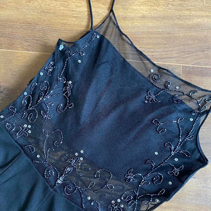 Black beaded 90s vintage sheer back evening dress UK 14