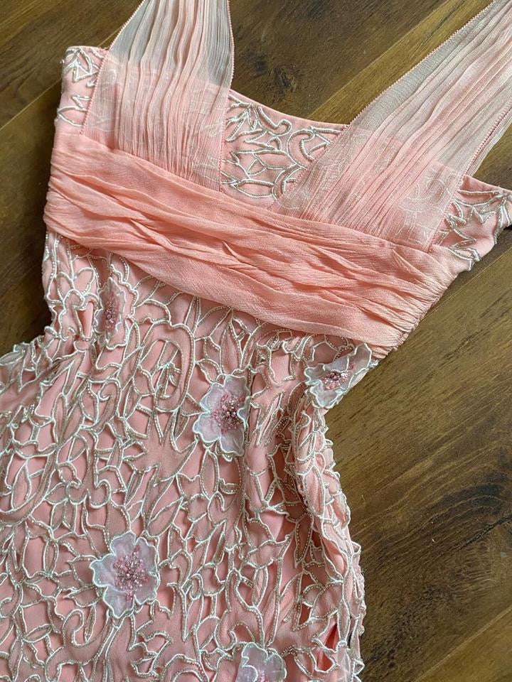 Peach silk beaded midi evening dress UK 10