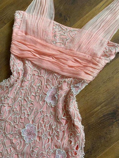 Peach silk beaded midi evening dress UK 10