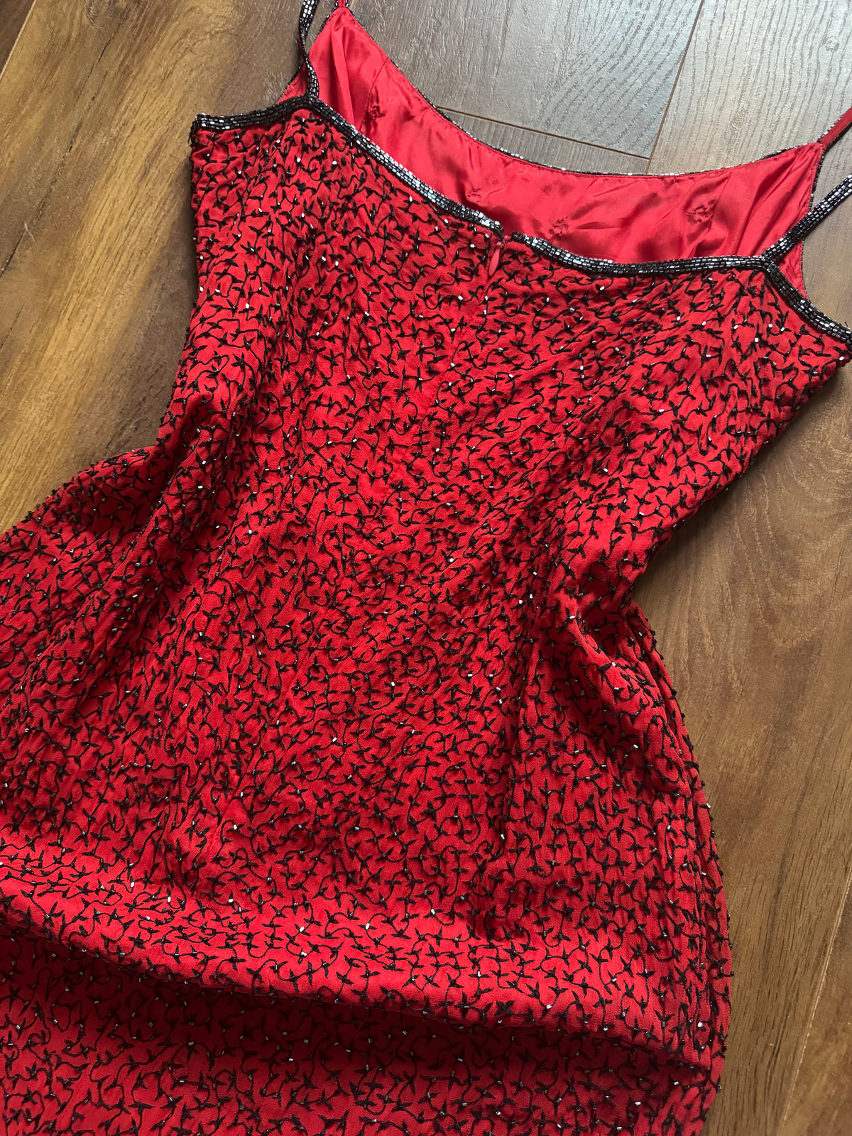 Red 100% silk beaded evening dress uk 12