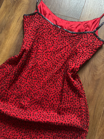 Red 100% silk beaded evening dress uk 12