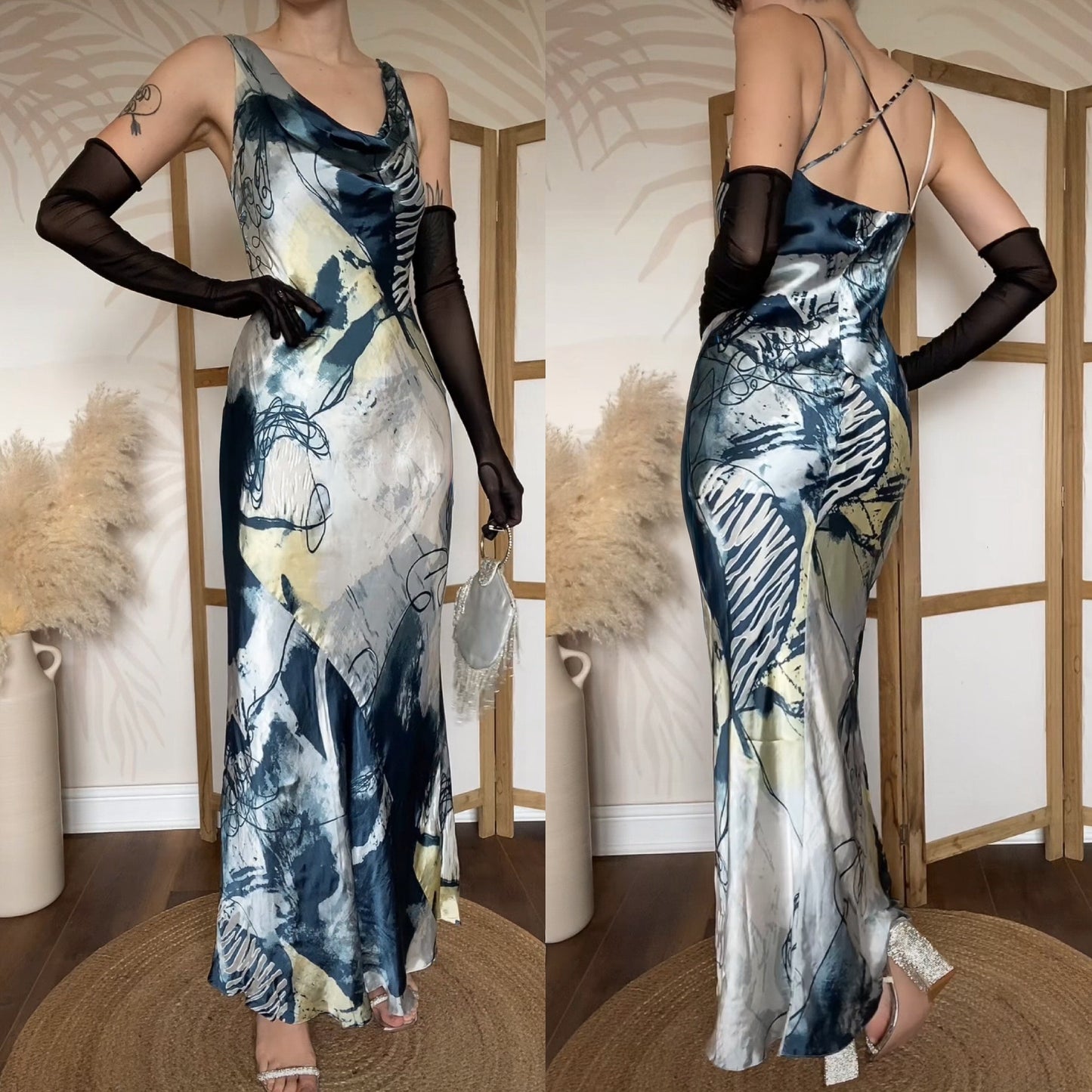 Silk blend print evening slip dress UK 10-12