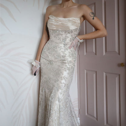 Champagne strapless Ian Staurt lace wedding dress UK 14