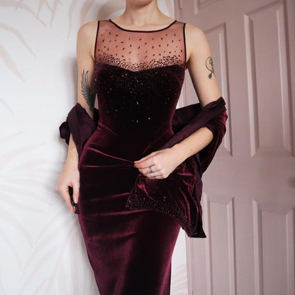 Debut burgundy velvet evening dress & shawl UK 12