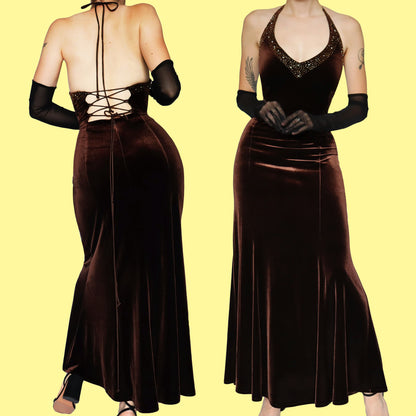 Brown velvet halter neck evening dress UK 16