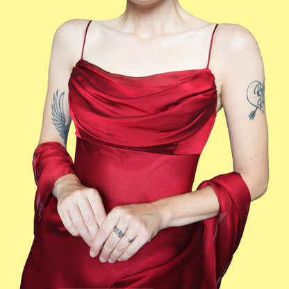 Red chiffon evening dress & shawl UK 12