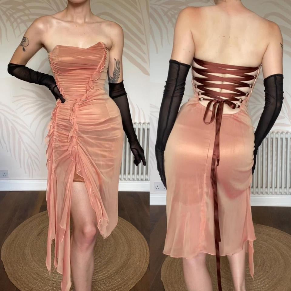 Peach Charas Strapless Lace Up Midi Dress UK 12