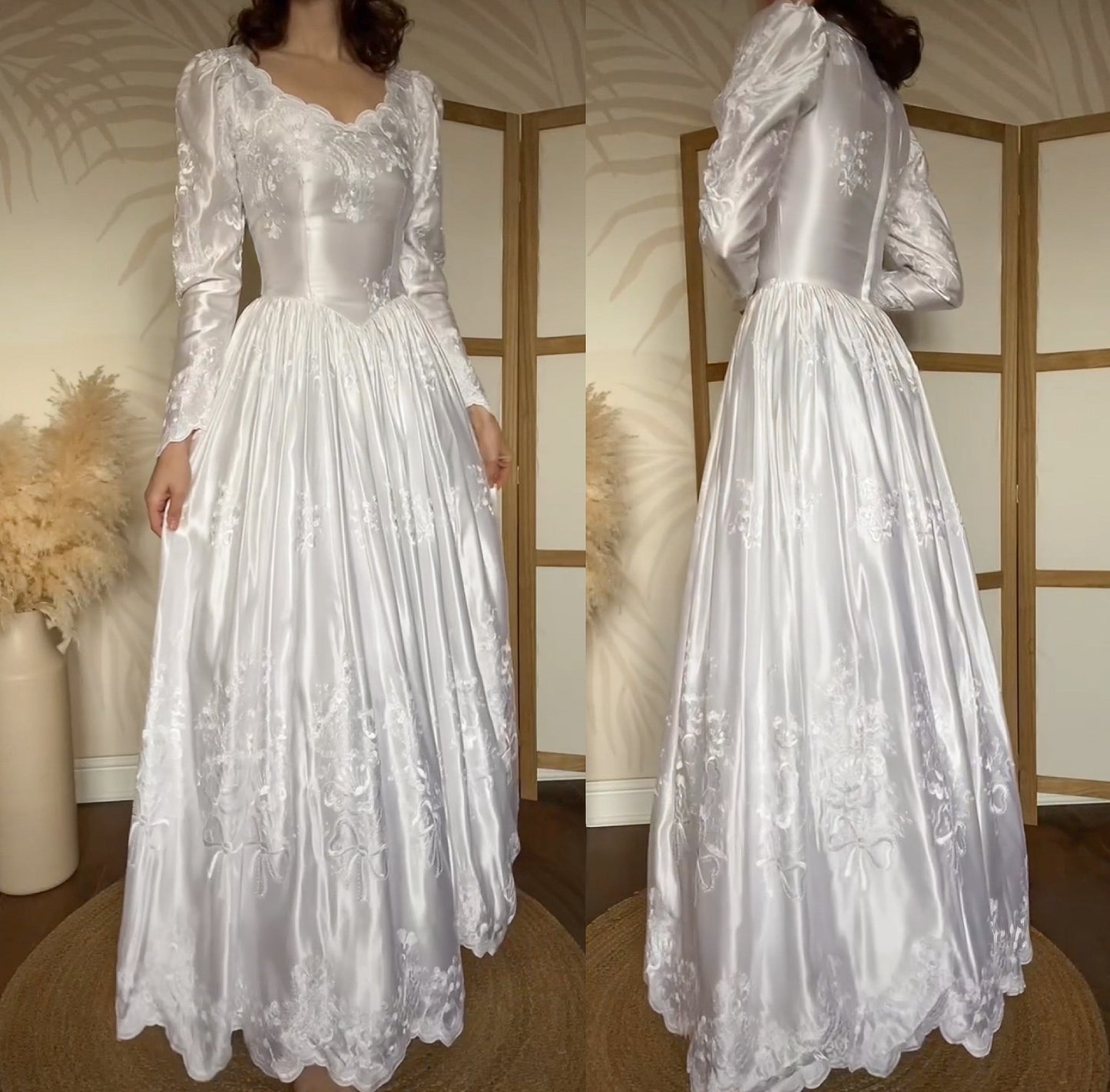Bright white satin embroidered long sleeve wedding dress uk 8