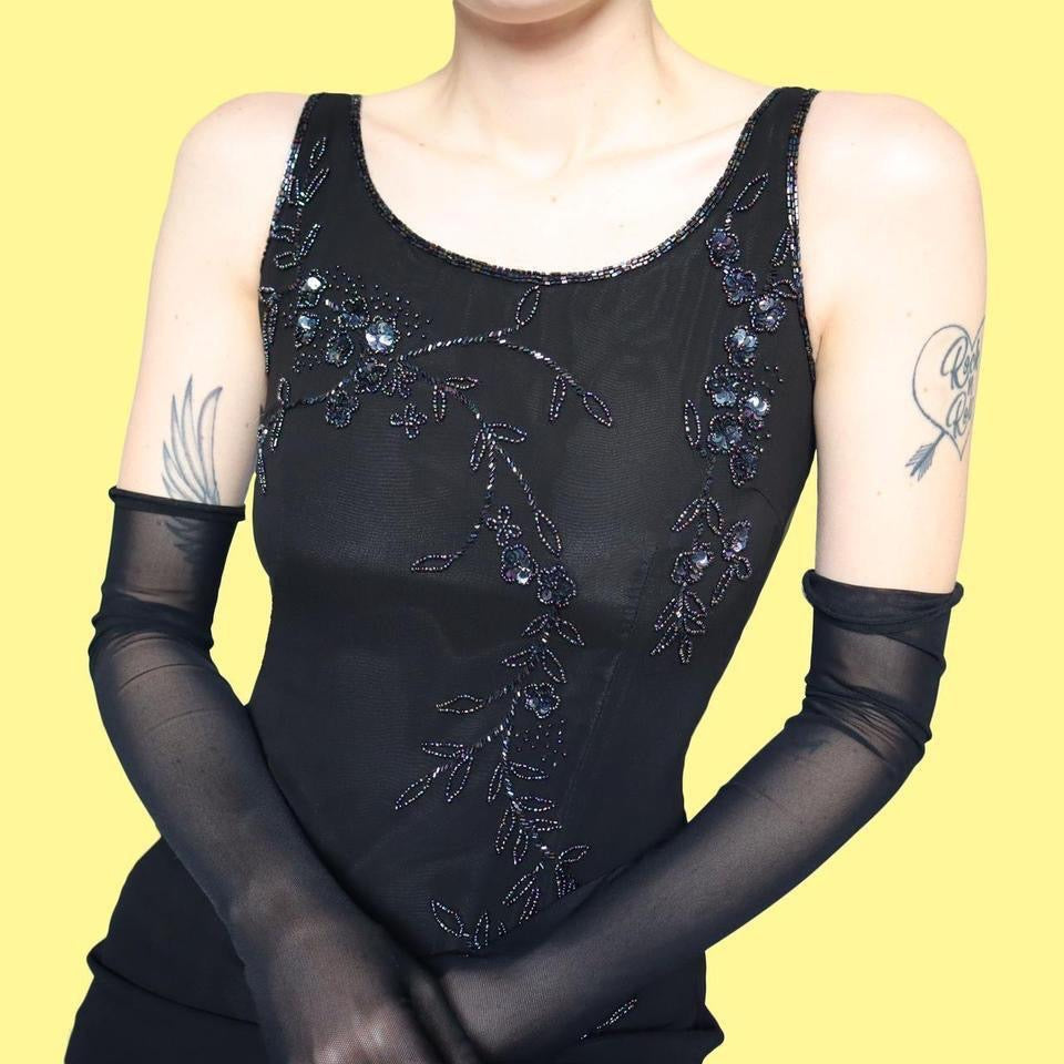 Black vintage Debut beaded midi dress UK 12