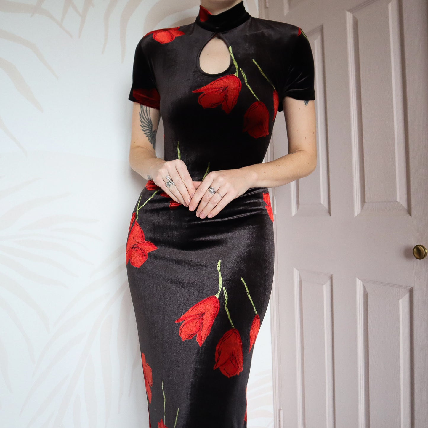 Black velvet floral evening gown UK 14