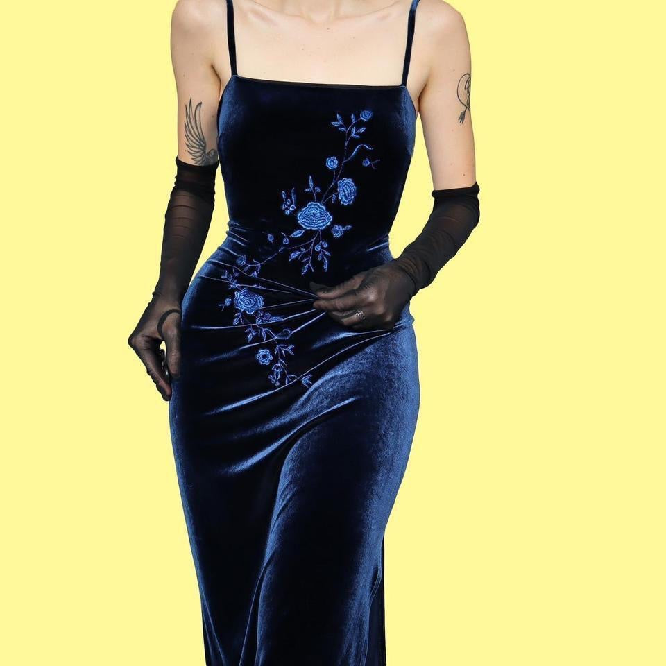 Blue stretch velvet floral embroidered evening dress UK 14
