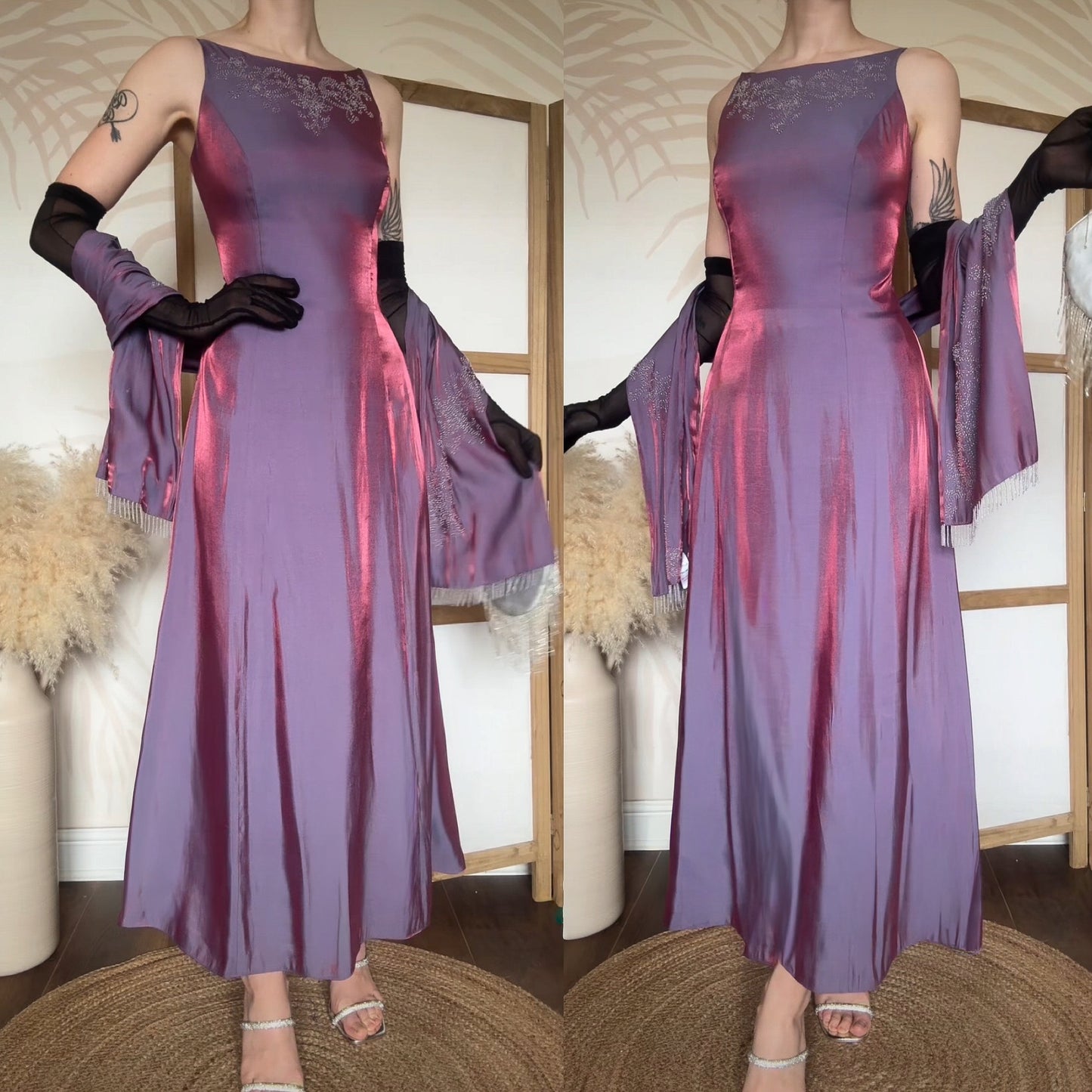 Debut purple iridescent evening dress & shawl uk 12