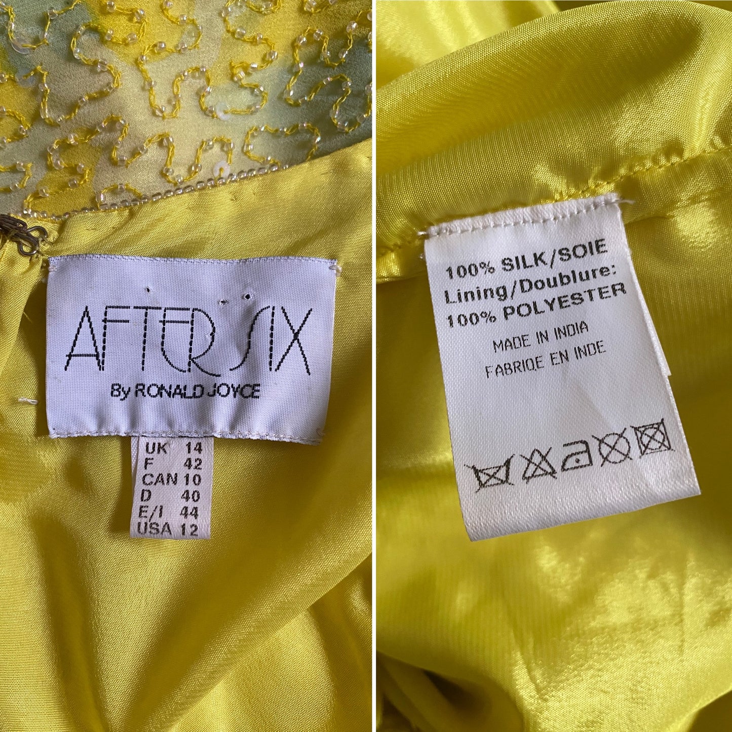 Bright yellow After Six beaded 100% silk evening dress uk 12-14