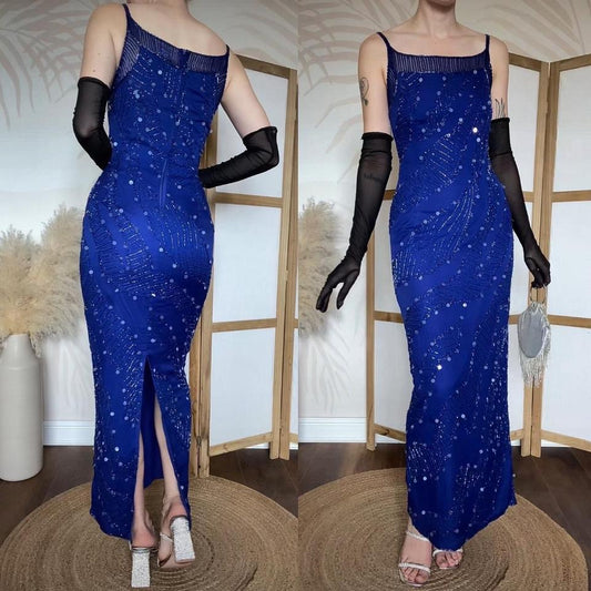 Electric blue 100% silk bead/sequin evening dress uk 8-10