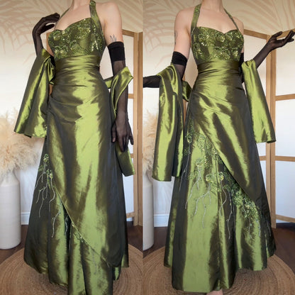 Green taffeta halter-neck a line beaded prom dress uk 12