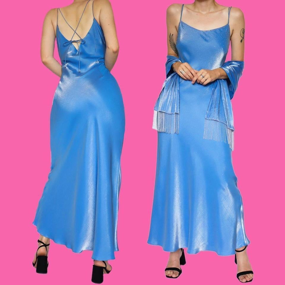 Silky blue beaded slip dress & shawl UK 12