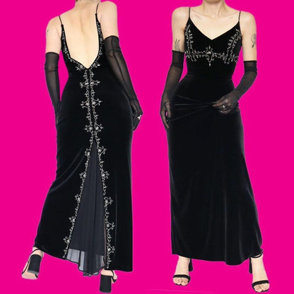 Black Vintage 90s Dave & Johnny Velvet Beaded Evening Gown UK Size 16